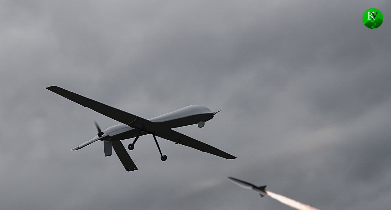 ПВО сбивает БПЛА. Иллюстрация создана «Кавказским узлом» с помощью ИИ в программе Copilot