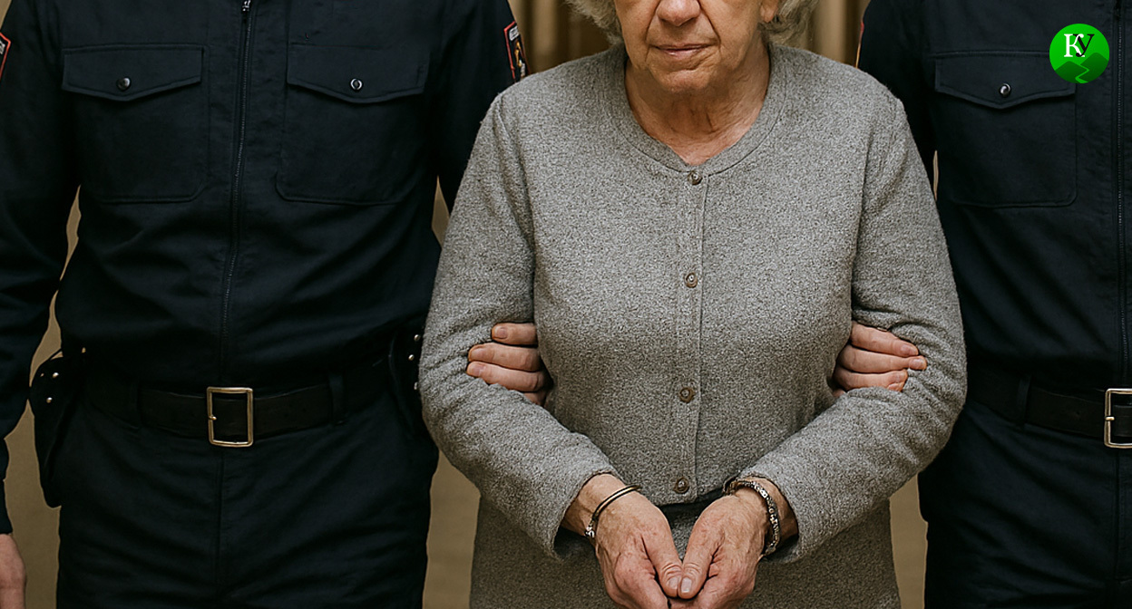 Security forces escort a pensioner. Illustration created by Caucasian Knot using AI in the Copilot program.