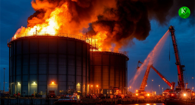 Пожар на нефтебазе. Иллюстрация создана "Кавказским узлом" при помощи ИИ в программе Copilot