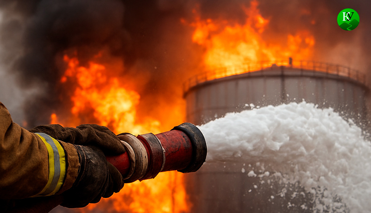 Тушение пожара на нефтебазе. Иллюстрация создана «Кавказским узлом» с помощью ИИ в программе Copilot Тушение пожара на нефтебазе. Иллюстрация создана «Кавказским узлом» с помощью ИИ в программе Copilot