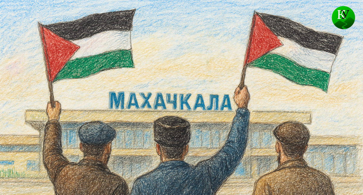 Акция у аэропорта Махачкалы. Иллюстрация создана «Кавказским узлом» с помощью ИИ в программе Copilot