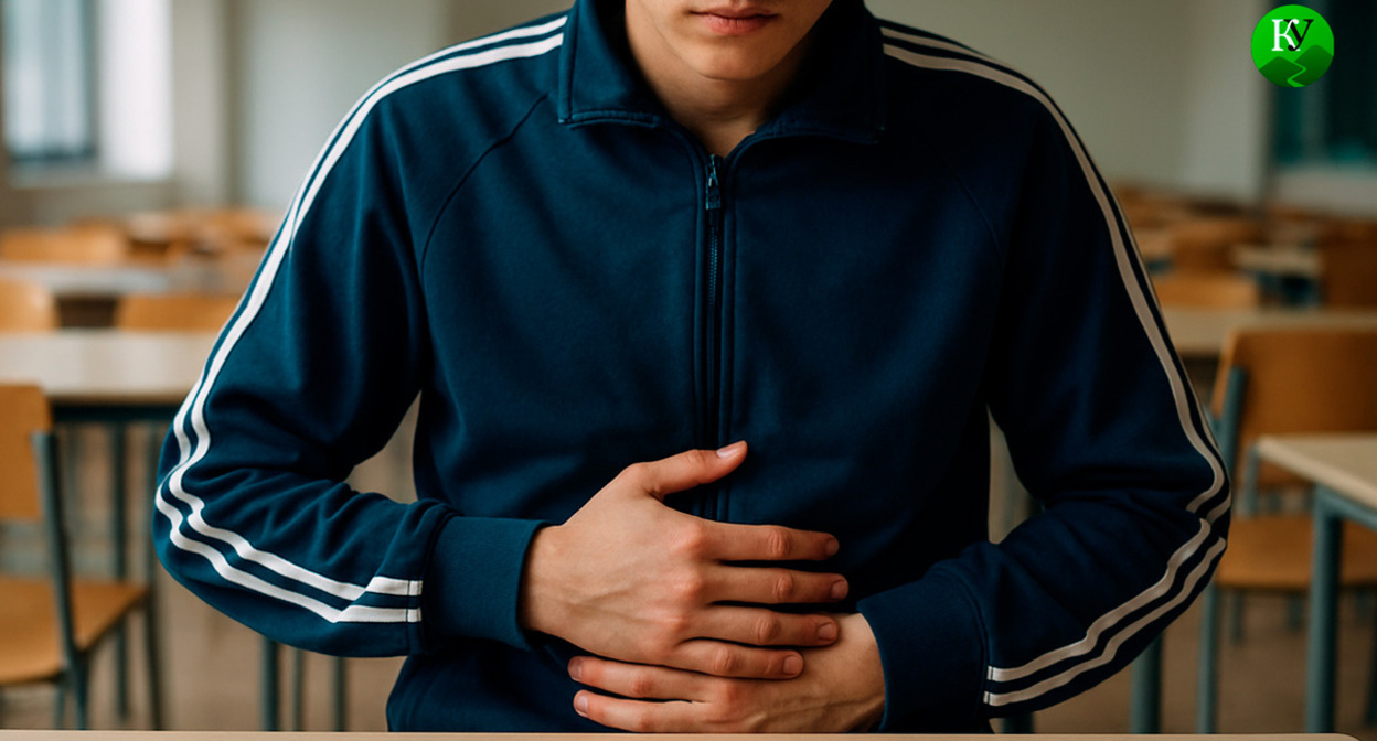 Подросток держится за живот. Иллюстрация создана "Кавказским узлом" с помощью ИИ в программе Photoshop