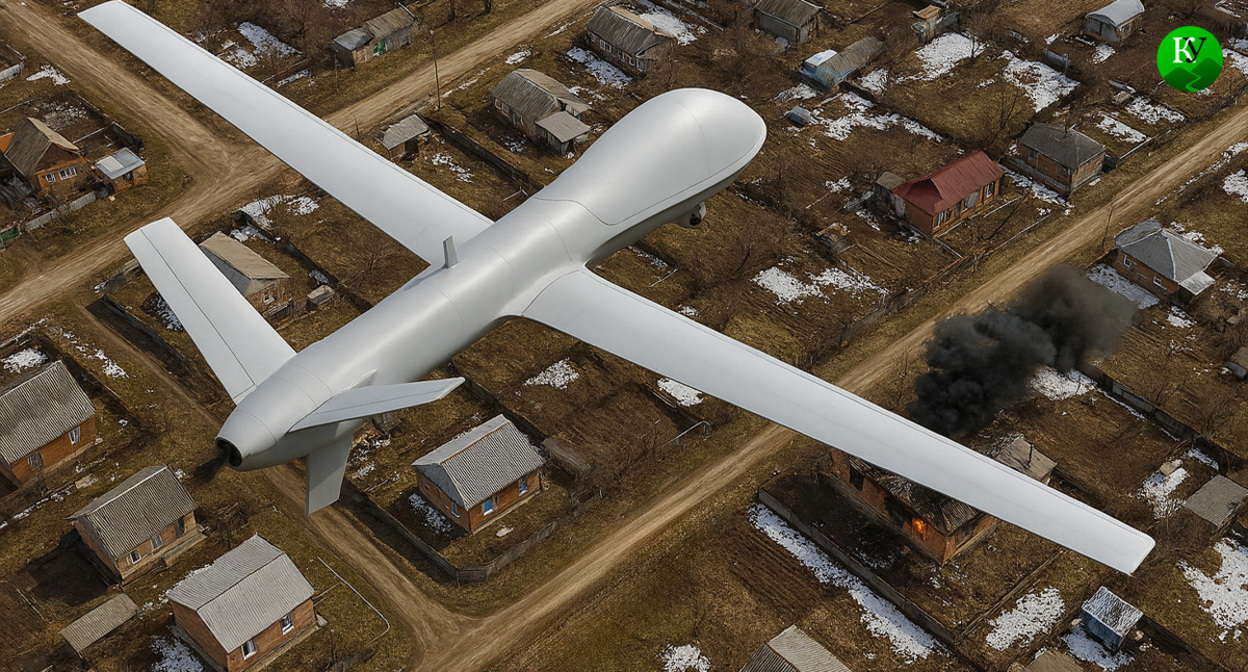 БПЛА над станицей. Иллюстрация создана «Кавказским узлом» с помощью ИИ в программе Copilot