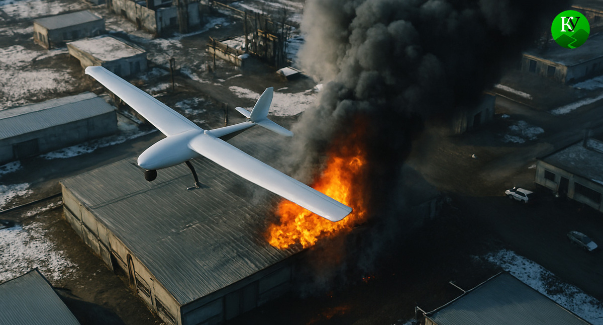 БПЛА над территорией предприятия. Иллюстрация создана «Кавказским узлом» с помощью ИИ в программе Copilot