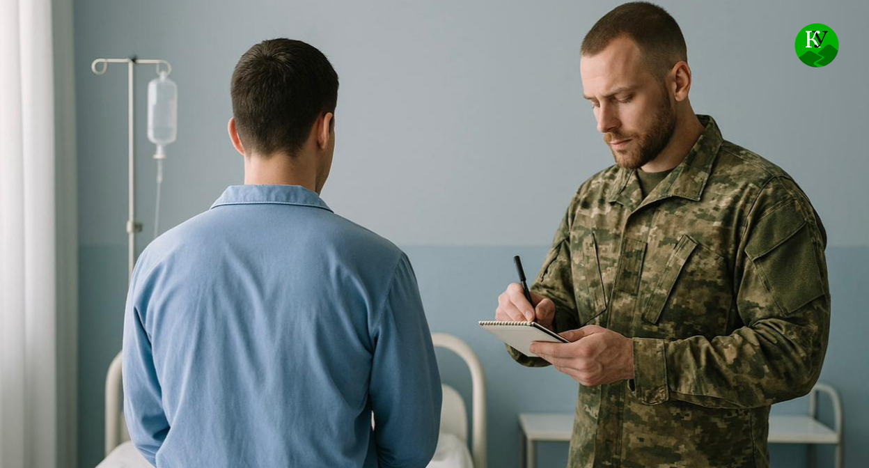 Военнослужащий стоит рядом с травмированным срочником. Иллюстрация создана "Кавказским узлом" при помощи ИИ в программе Copilot