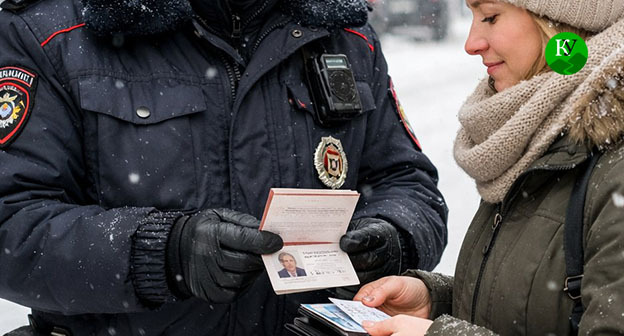 Сотрудник полиции проверяет документы. Иллюстрация создана "Кавказским узлом" при помощи ИИ в программе Copilot