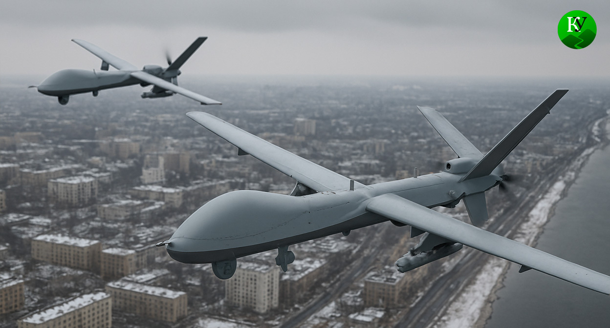 БПЛА в полете. Иллюстрация создана «Кавказским узлом» с помощью ИИ в программе Copilot