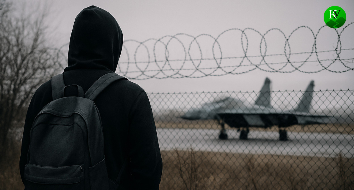 Мужчина у аэродрома. Иллюстрация создана «Кавказским узлом» с помощью ИИ в программе Copilot
