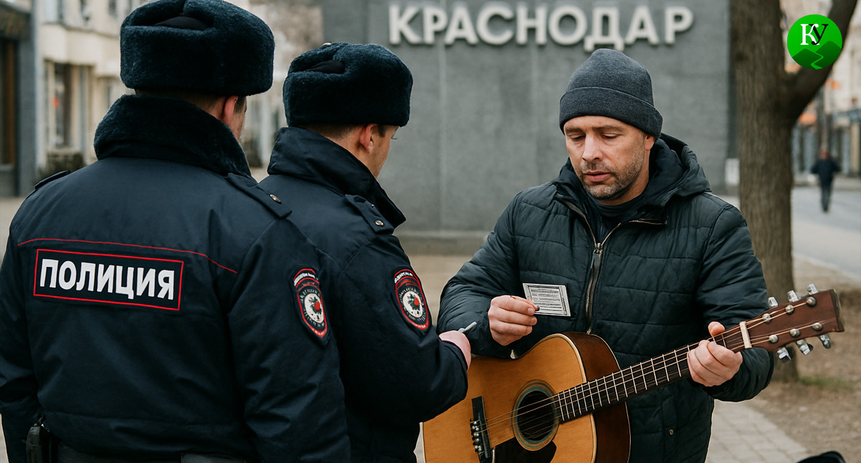 Силовики и музыкант. Иллюстрация создана «Кавказским узлом» с помощью ИИ в программе Copilot
