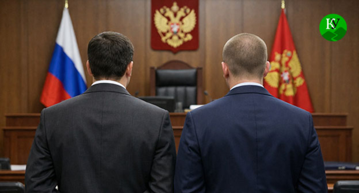 Мужчины в зале суда. Иллюстрация создана "Кавказским узлом" при помощи ИИ в программе Copilot