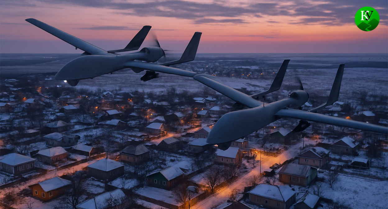 БПЛА в полете. Иллюстрация создана «Кавказским узлом» с помощью ИИ в программе Copilot