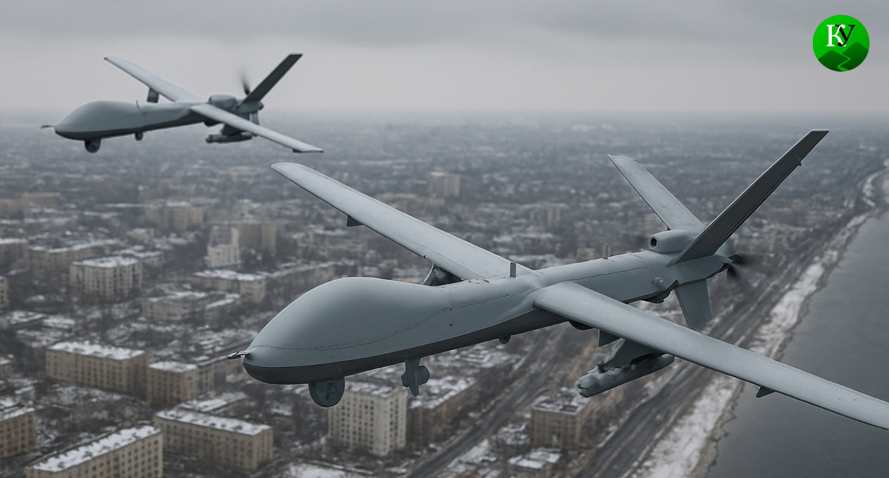 БПЛА в полете. Иллюстрация создана «Кавказским узлом» с помощью ИИ в программе Copilot