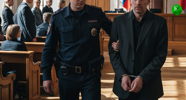 Сотрудник полиции ведет мужчину в наручниках в зале суда. Иллюстрация создана "Кавказским узлом" при помощи ИИ в программе Copilot