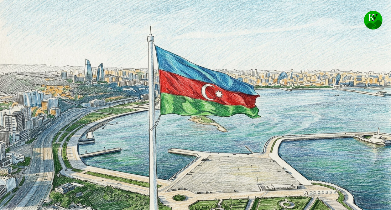 Флаг Азербайджана на фоне Баку. Иллюстрация создана "Кавказским узлом" при помощи ИИ в программе Copilot