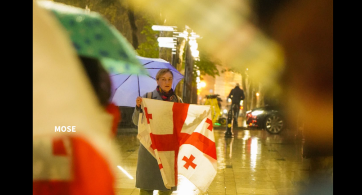 Активистка у парламента Грузии. Скриншот фото Mo Se от 12.04.26, https://www.facebook.com/photo?fbid=4276759392638800&set=pcb.4276760289305377 (деятельность компании Meta, владеющей соцсетью, запрещена в России)