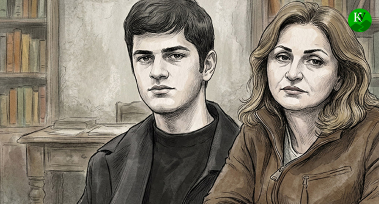 Жительница Сочи и ее сын, выдворенные из Абхазии. Иллюстрация создана "Кавказским узлом" при помощи ИИ в программе Copilot