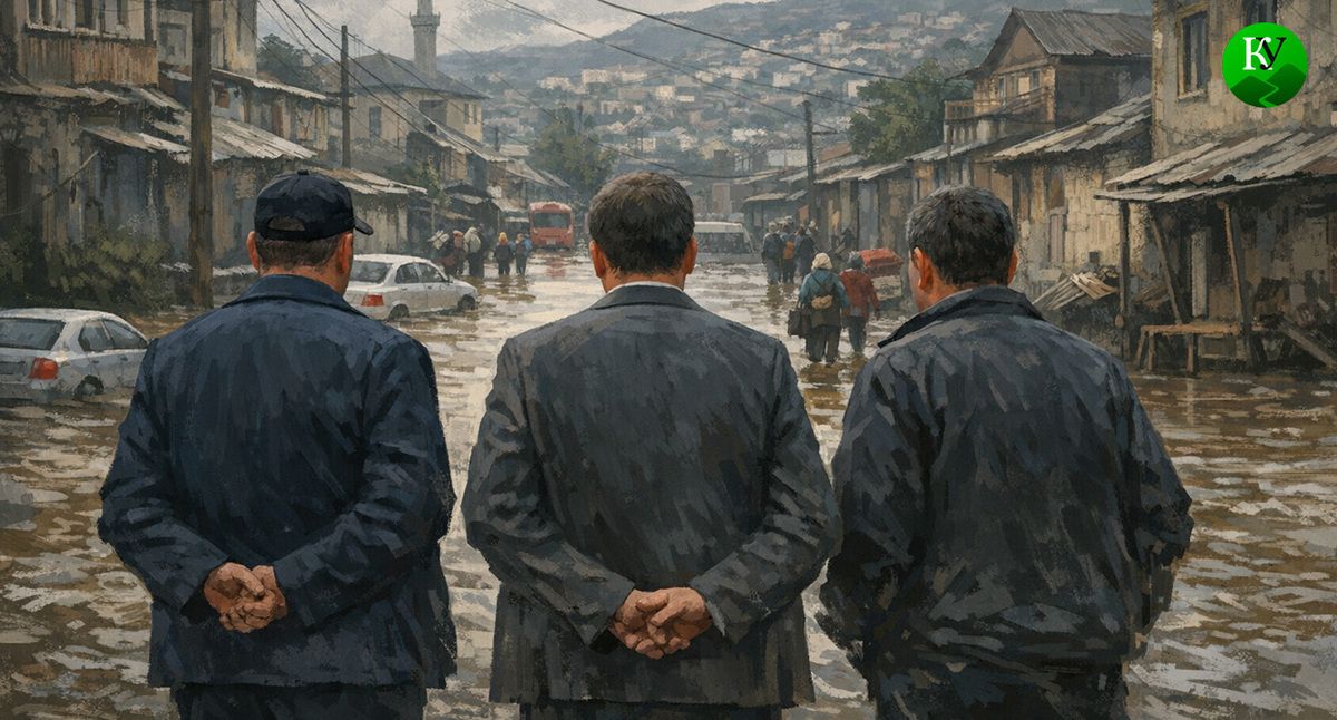 Чиновники на фоне затопления. Иллюстрация создана «Кавказским узлом» с помощью ИИ в программе Copilot Чиновники на фоне затопления. Иллюстрация создана «Кавказским узлом» с помощью ИИ в программе Copilot