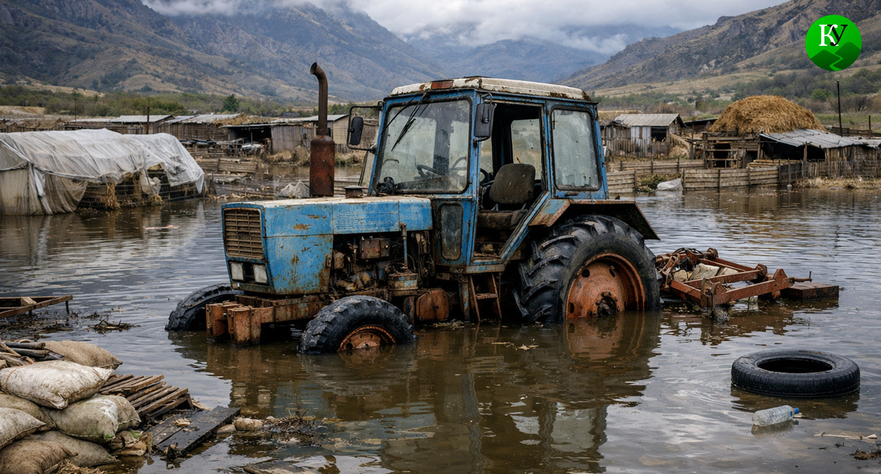 Затопленный трактор. Иллюстрация создана «Кавказским узлом» с помощью ИИ в программе Copilot