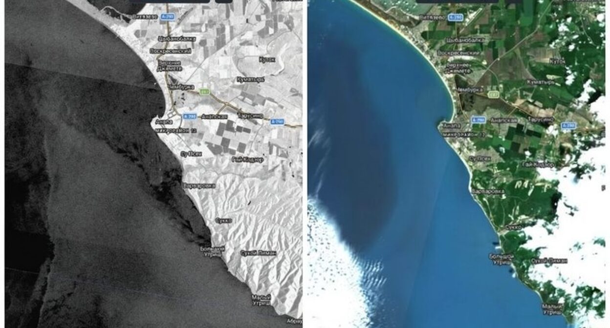 Спутниковые снимки Sentinel-1 и Sentinel-2 зафиксировали тёмные аномалии на поверхности Чёрного моря у побережья Анапы. Коллаж ЕТ: снимок Sentinel от 24 мая (слева), снимок Sentinel от 22 мая (справа)/«Прозрачный Мир»/t.ме Спутниковые снимки Sentinel-1 и Sentinel-2 зафиксировали тёмные аномалии на поверхности Чёрного моря у побережья Анапы. Коллаж ЕТ: снимок Sentinel от 24 мая (слева), снимок Sentinel от 22 мая (справа)/«Прозрачный Мир»/t.ме