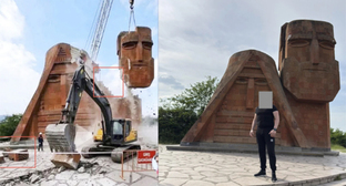 Фотография, на основании которой пользователи утверждают, что азербайджанские силы с применением строительной техники разрушают памятник "Мы - наши горы". Фото: https://civilnet.am/hy/news/1012657