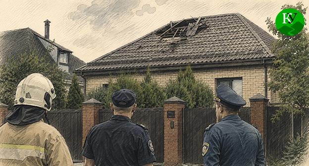Поврежденная крыша в результате падения обломков беспилотника. Иллюстрация создана "Кавказским узлом" при помощи ИИ в программе Copilot
