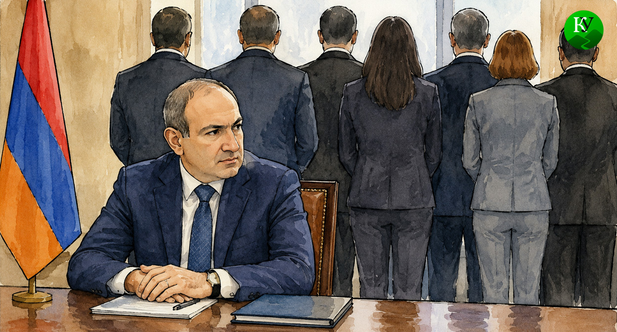 Пашинян и чиновники. Иллюстрация создана «Кавказским узлом» с помощью ИИ в программе Copilot
