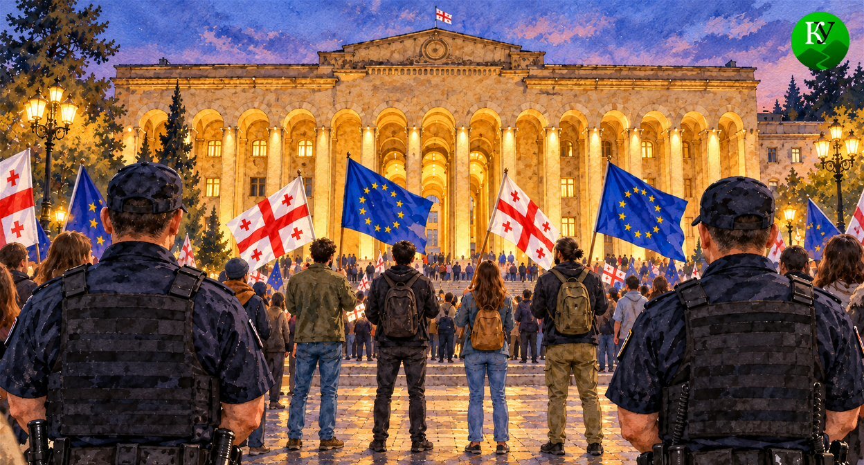 Акция протеста у Парламента Грузии. Иллюстрация создана «Кавказским узлом» с помощью ИИ в программе Copilot Акция протеста у Парламента Грузии. Иллюстрация создана «Кавказским узлом» с помощью ИИ в программе Copilot